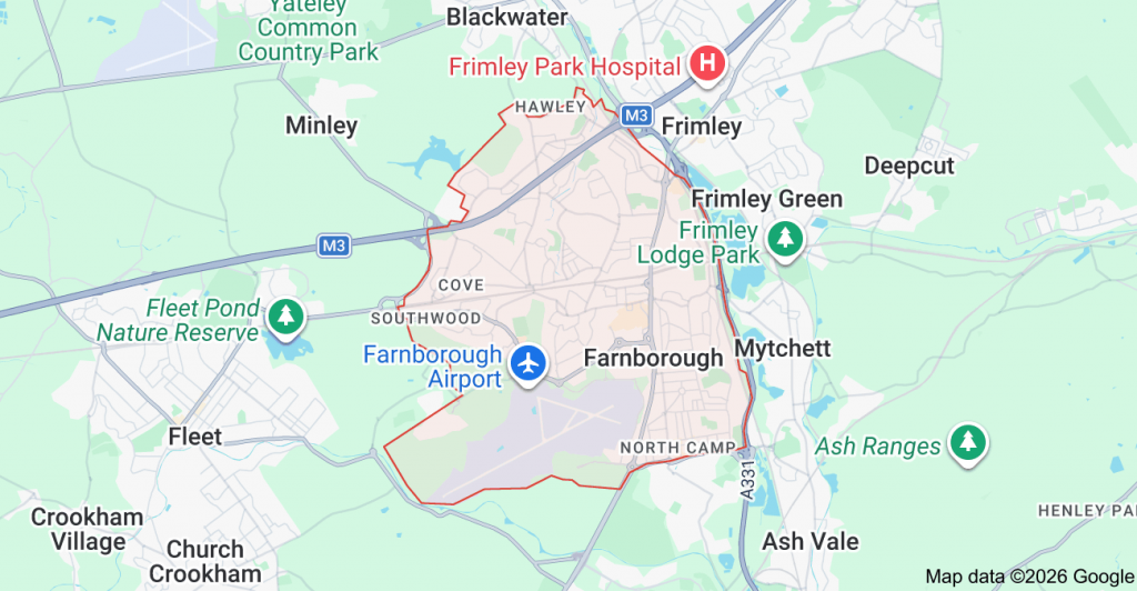 map of Farnborough areas covered by Warson Flooring
